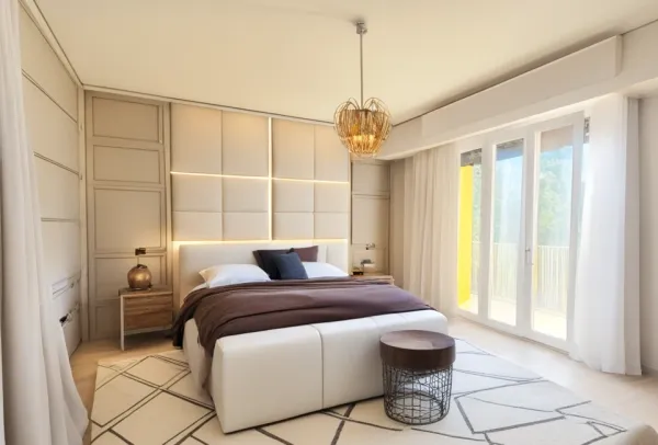 bedroom with a bed and lit up headboard designed with Planner 5D
