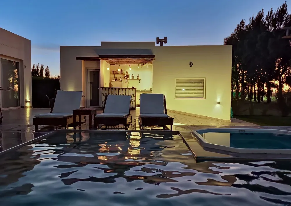 modern pool house at night
