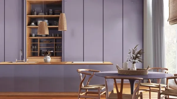 Stylish purple kitchen cabinets and island